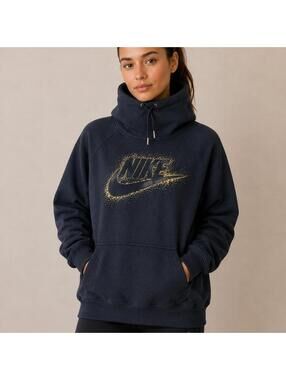 Nike Gold Logo Funnel Neck Hoodie Black Women’s Medium